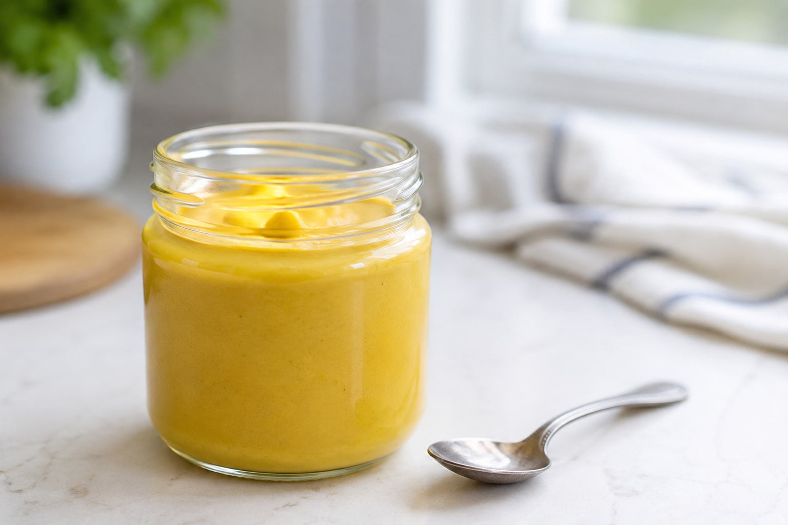 Jar of plain yellow mustard with a teaspoon, the common home remedy for heartburn