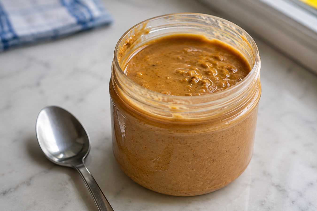 Natural peanut butter jar and spoon on counter, showing texture and oil separation