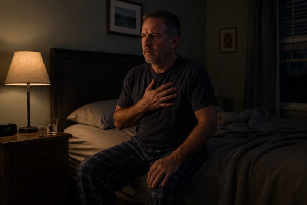 Man awake at night with acid reflux symptoms that diet changes alone did not resolve
