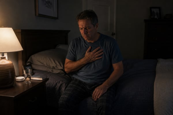 Man sitting up in bed at night with chest discomfort from nighttime acid reflux symptoms