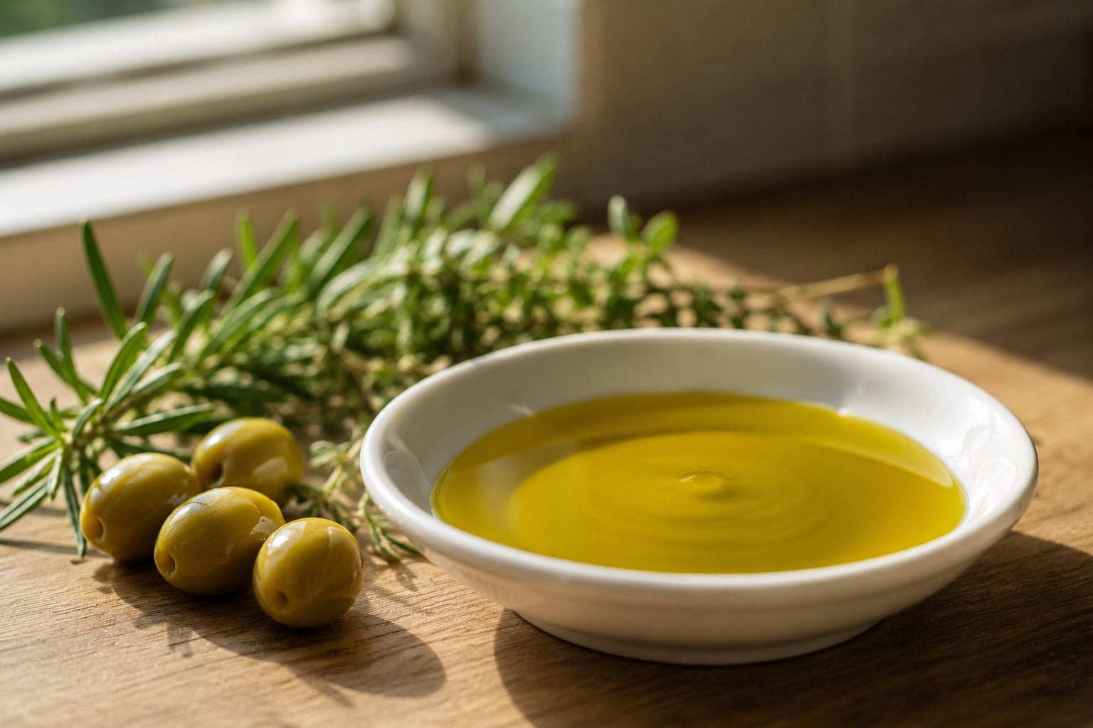 Close-up of extra virgin olive oil in a dish, often used as a swap for acid reflux