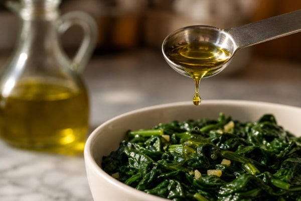 Teaspoon of extra virgin olive oil for acid reflux drizzled over greens after cooking