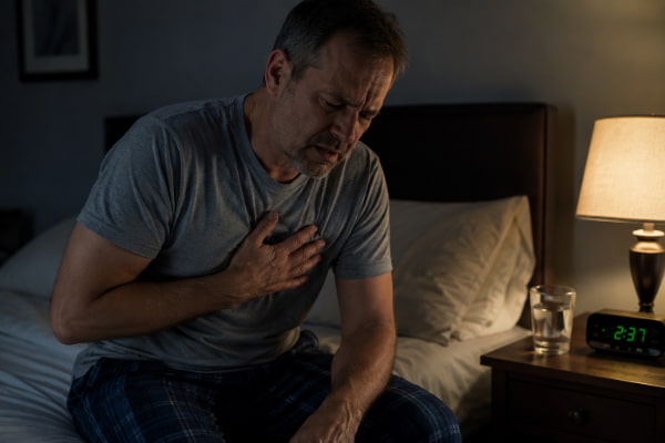Man with persistent nighttime heartburn symptoms that signal a need for medical evaluation