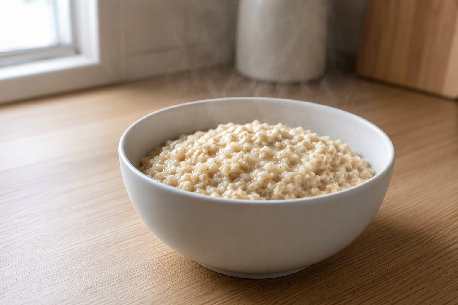 Plain cooked oatmeal in a white bowl, a low-fat breakfast option for acid reflux
