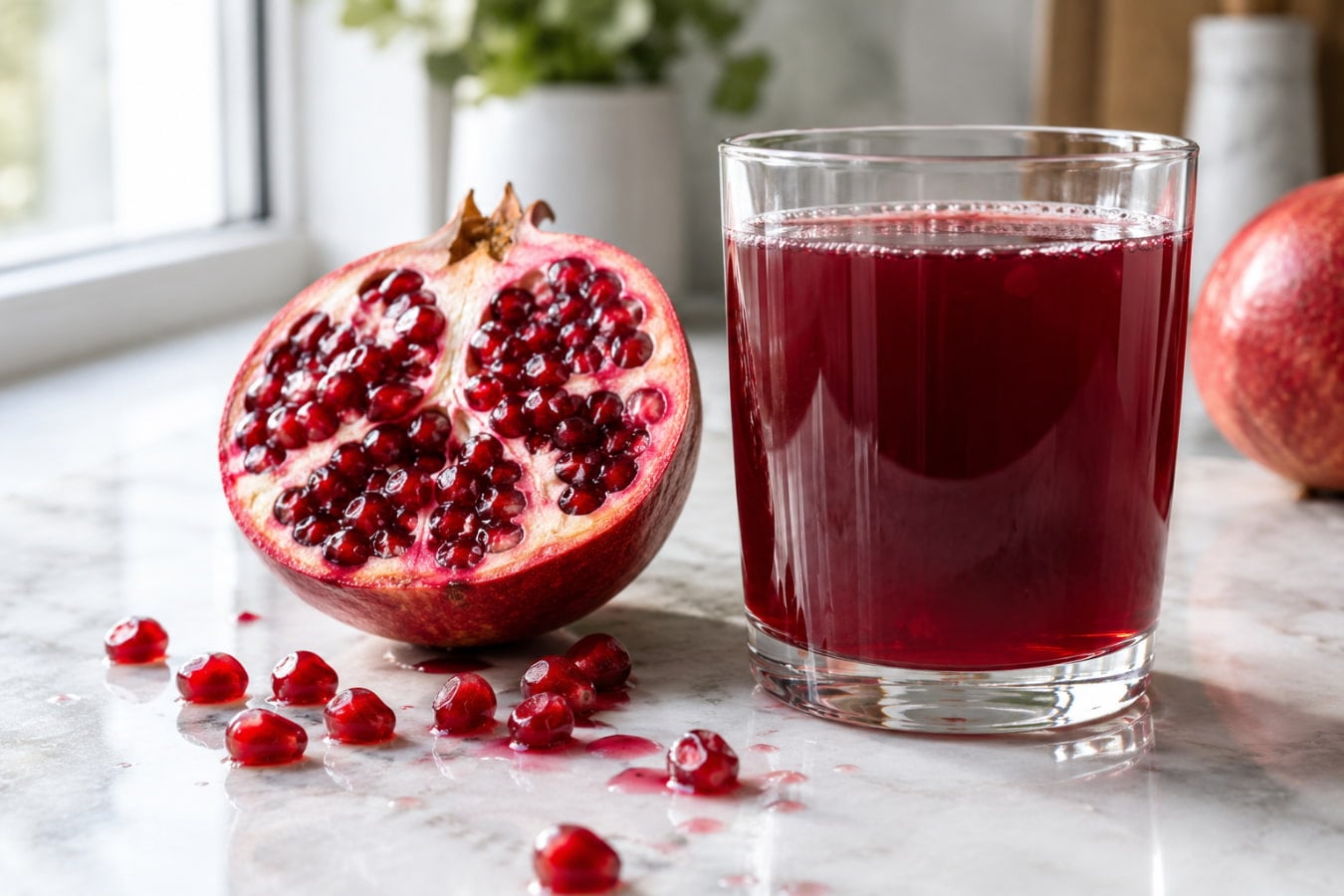 Fresh pomegranate halved beside a glass of juice showing pomegranate juice acidity and acid reflux risk