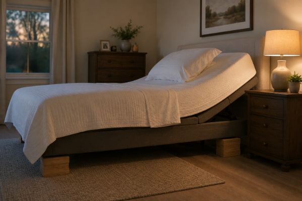 Bed with head raised on risers to reduce nighttime acid reflux and heartburn