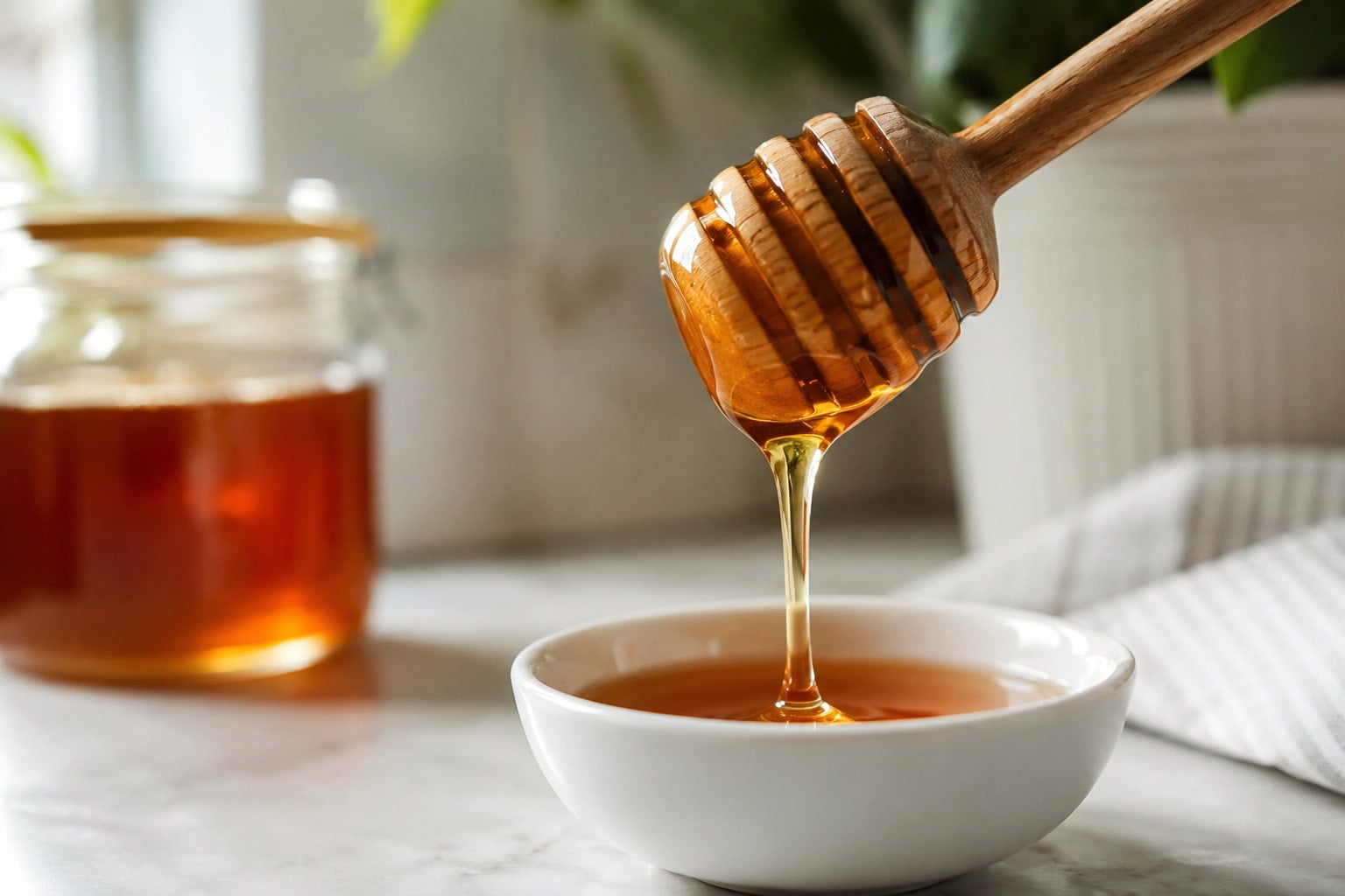 Raw honey drizzling from a wooden dipper, a common home remedy people try for acid reflux