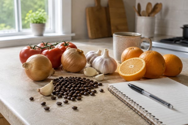 Common reflux trigger foods beside a food journal used to track acid reflux symptoms