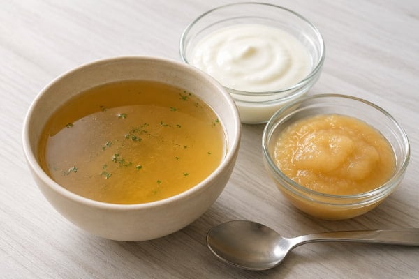 Clear broth and soft foods used during the liquid diet stage of TIF procedure recovery