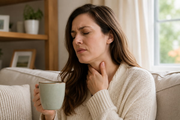 Woman touching irritated throat showing how inhaled smoke worsens reflux