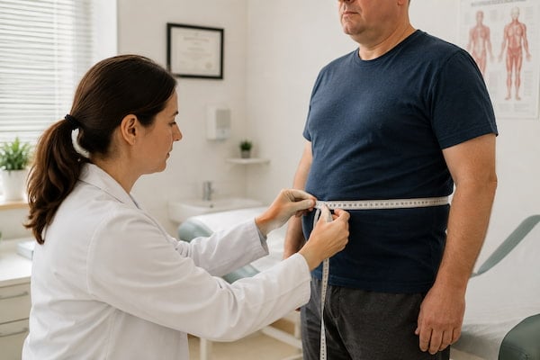 Waist measurement showing how belly fat raises abdominal pressure and acid reflux risk