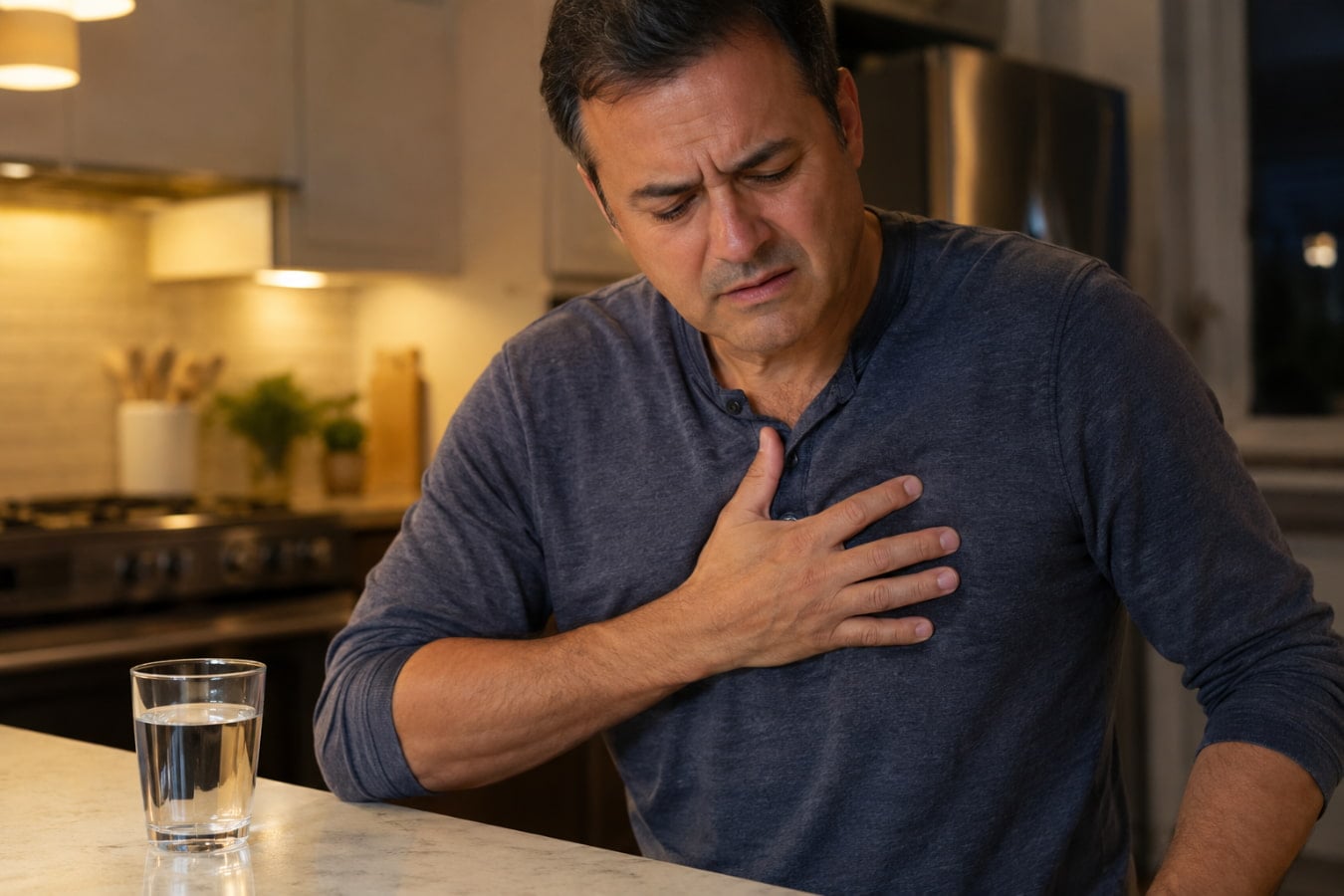 Man experiencing acid reflux symptoms at night with burning chest discomfort