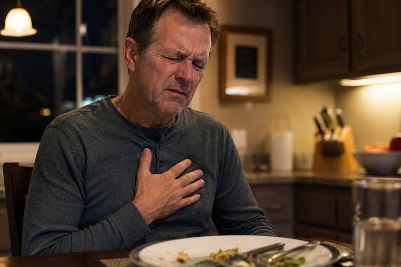 Man experiencing acid reflux chest discomfort after eating a large evening meal