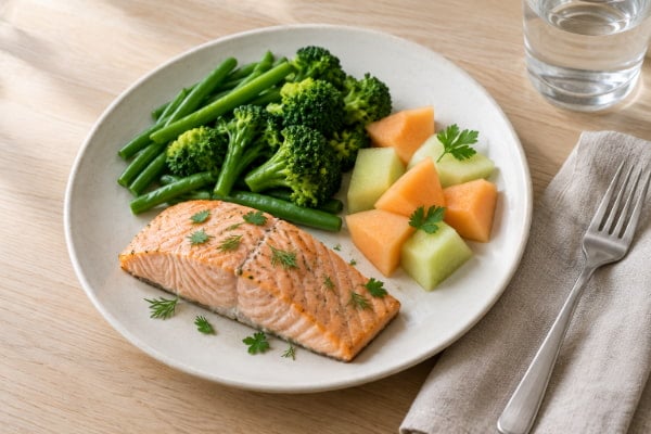 Baked salmon with steamed vegetables and melon on a plate, a low-trigger meal for acid reflux