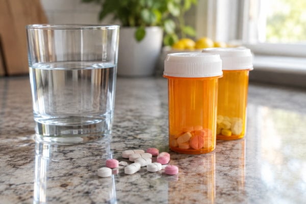 Close-up of assorted acid reflux medications on a kitchen counter beside a glass of water