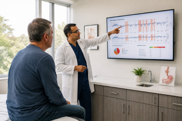 Surgeon reviewing pH test results to decide when acid reflux needs surgery