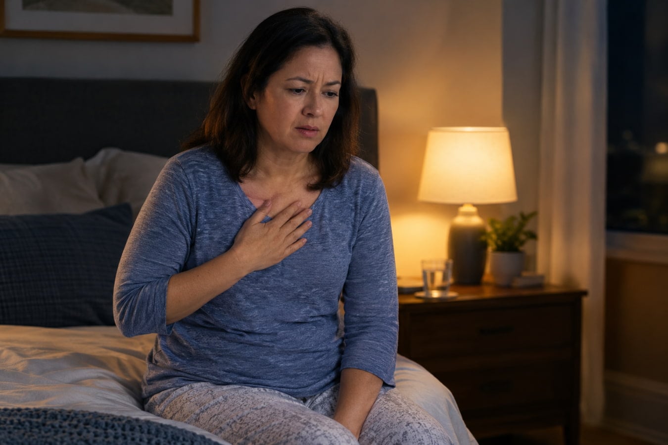 Women sitting up in bed at night holding his chest with acid reflux symptoms
