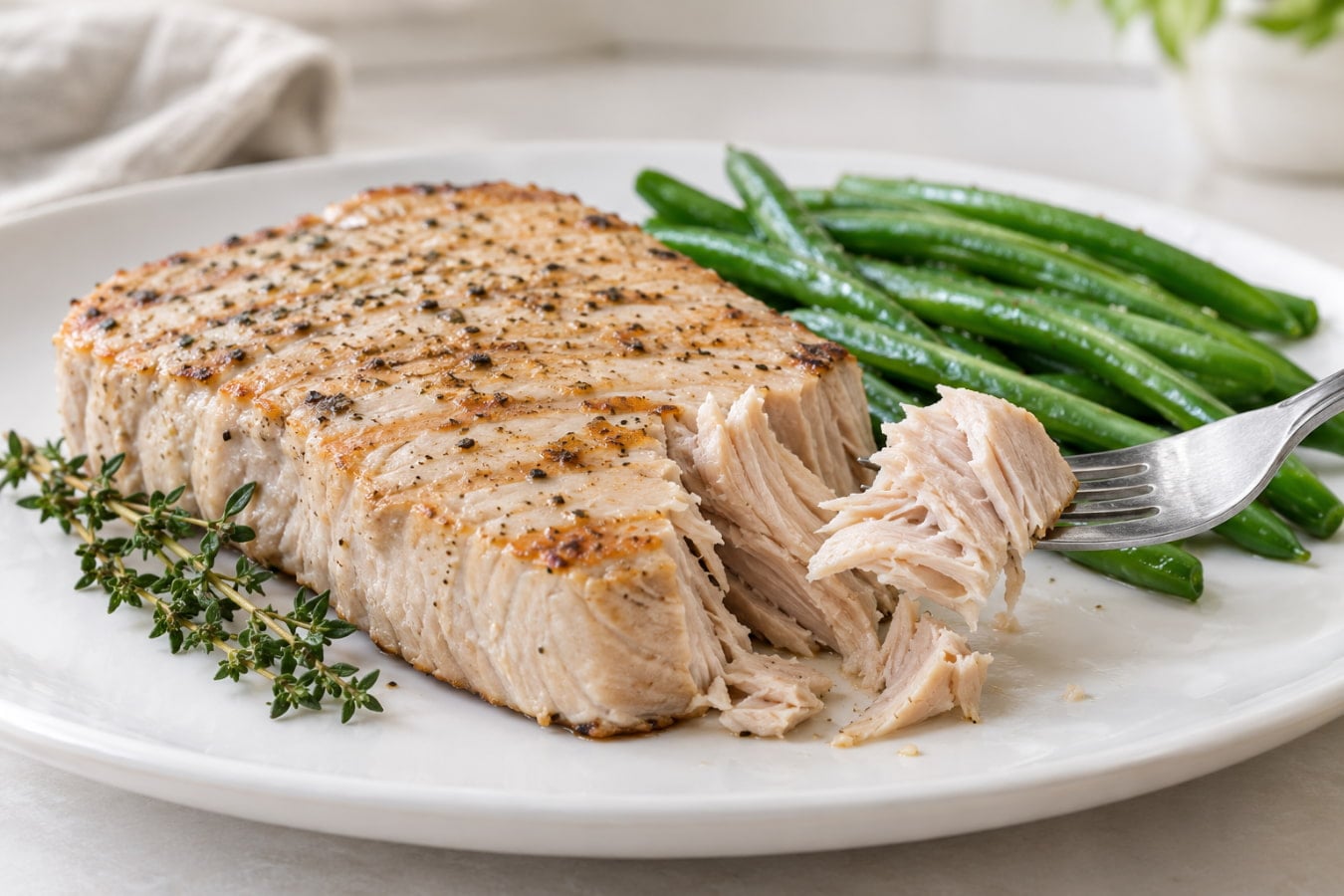 Baked tuna steak flaking apart with green beans, a low-fat protein choice for acid reflux