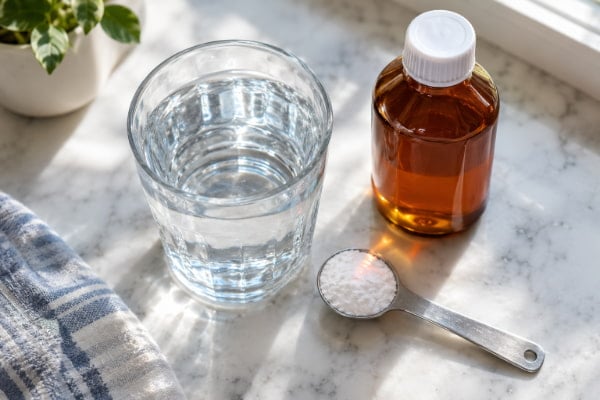 Baking soda, water and liquid antacid on a kitchen counter as over-the-counter heartburn relief options