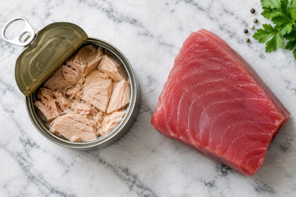 Canned tuna next to fresh tuna loin showing histamine differences for silent reflux