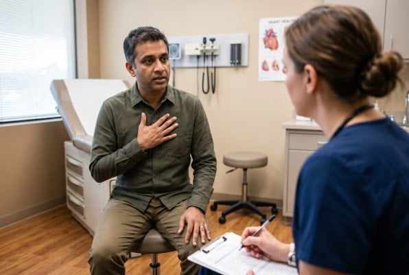Patient describing chest burning that can signal reflux or esophageal candidiasis