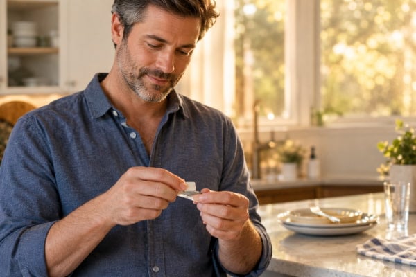 Man chewing sugar-free gum after eating, a research-backed natural remedy for heartburn and acid reflux