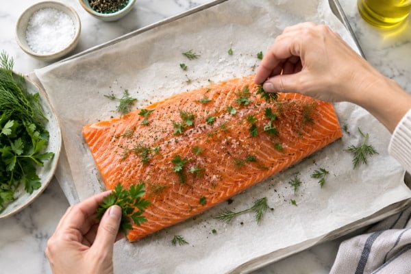 Raw salmon fillet seasoned with fresh dill and parsley before baking for reflux
