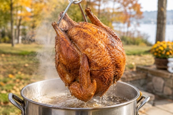 Deep-fried turkey lifted from oil, the highest-fat Thanksgiving dish for acid reflux