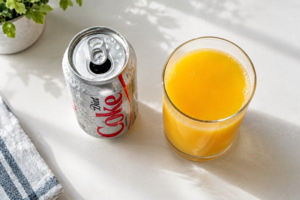 Diet soda next to orange juice comparing beverage choices and acid reflux risk