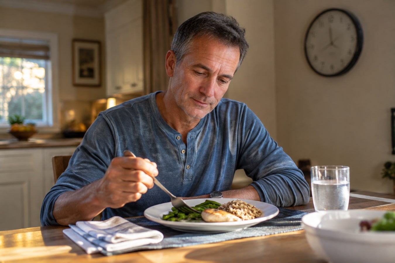 Man eating an early dinner to reduce nighttime acid reflux on a GERD diet