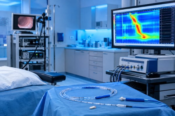 Esophageal manometry equipment measuring sphincter pressure during a reflux evaluation