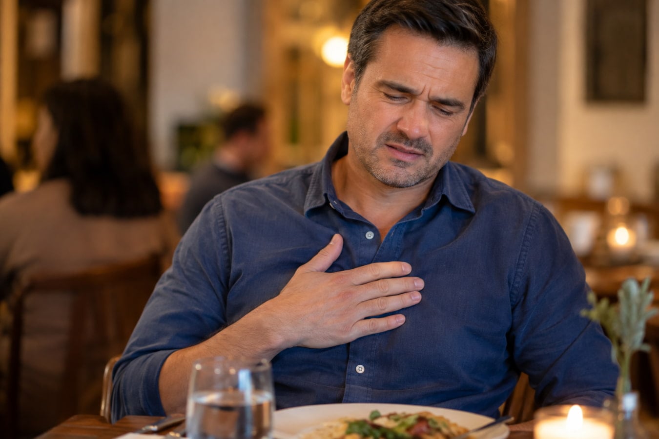 Man pressing his chest at a restaurant table wondering does soy sauce cause heartburn