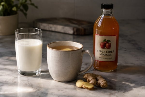 Common heartburn home remedies including milk ginger tea and apple cider vinegar