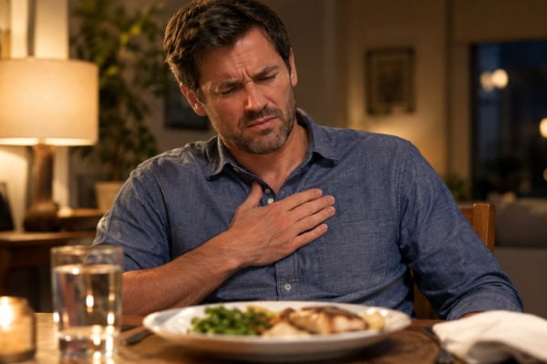 Man experiencing heartburn after a meal, a common acid reflux symptom