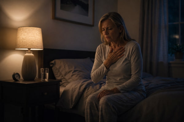 Woman with nighttime chest burning during the acid reflux timeline after quitting smoking