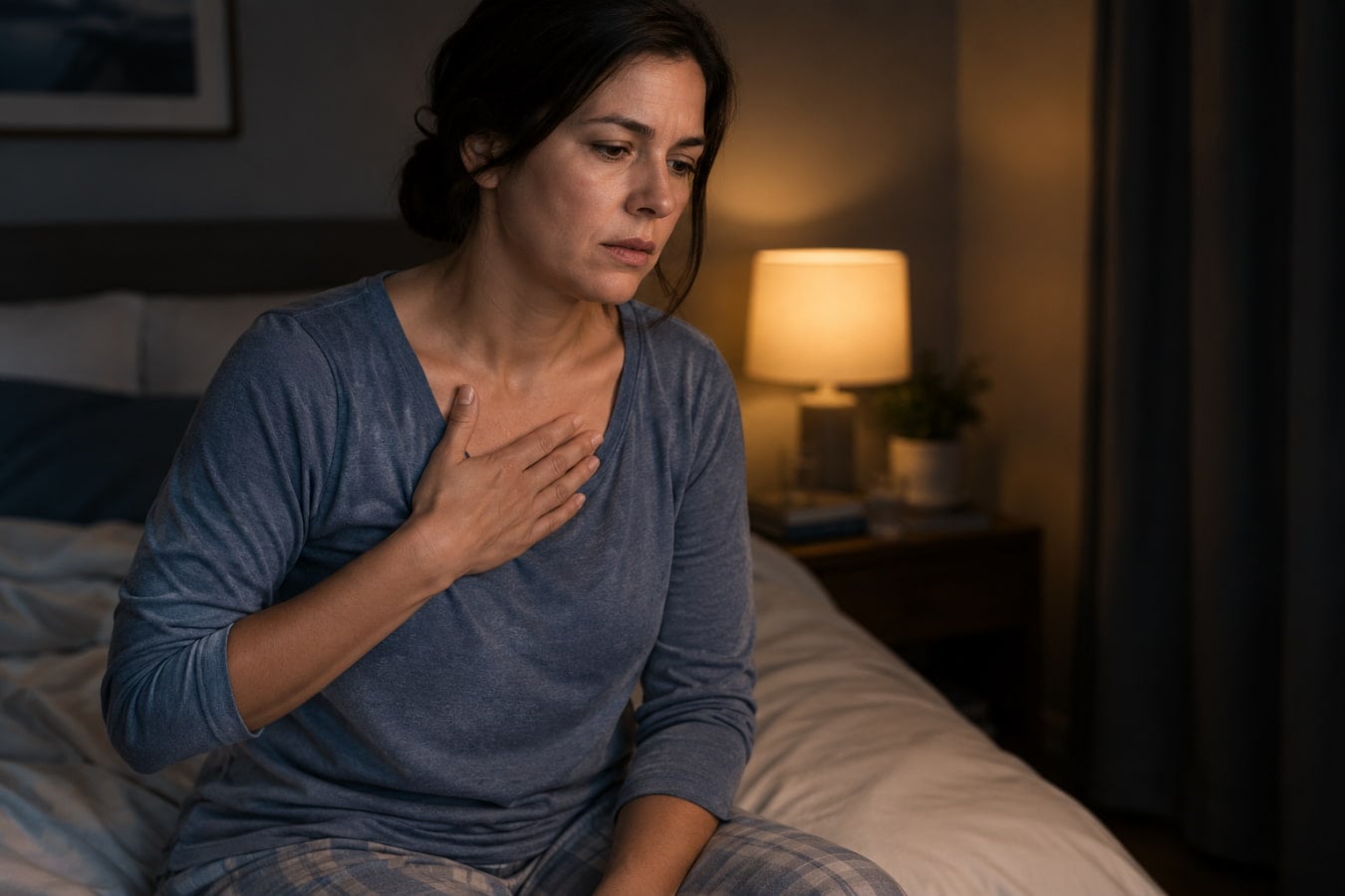 Woman with nighttime heartburn sitting on the edge of a bed, the reason many people search home remedies for heartburn