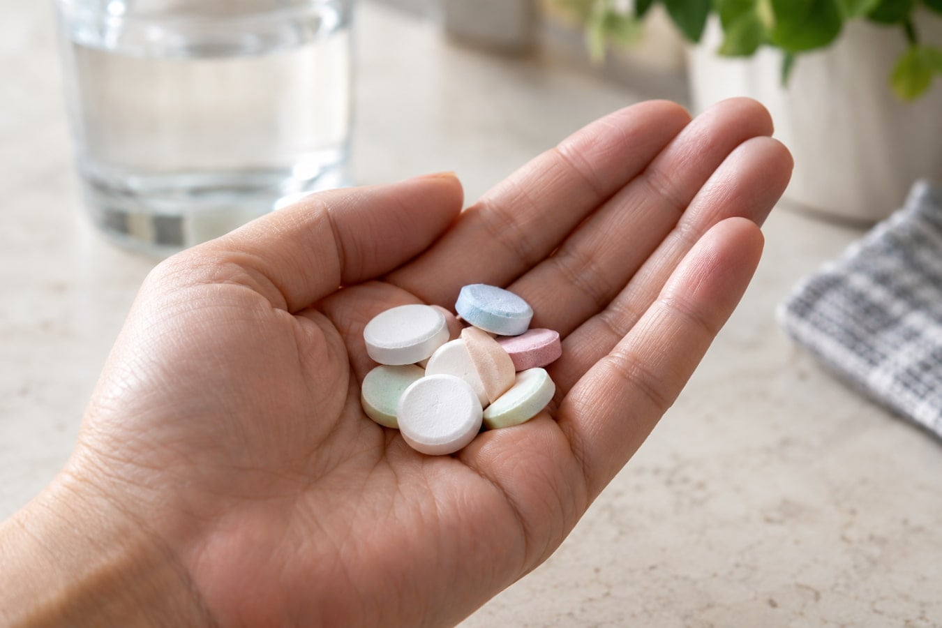 Chalky antacid tablets in a cupped palm showing how antacids work for fast relief