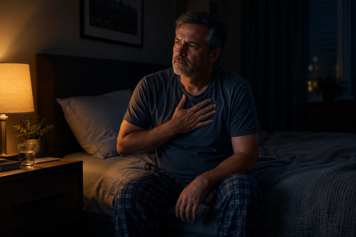 Man sitting up in bed at night with chest discomfort from acid reflux