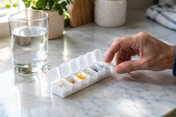 Daily pill organizer showing long-term acid reflux medication use