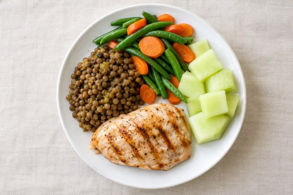 Plate of lean protein, vegetables, and melon for a low-acid reflux diet