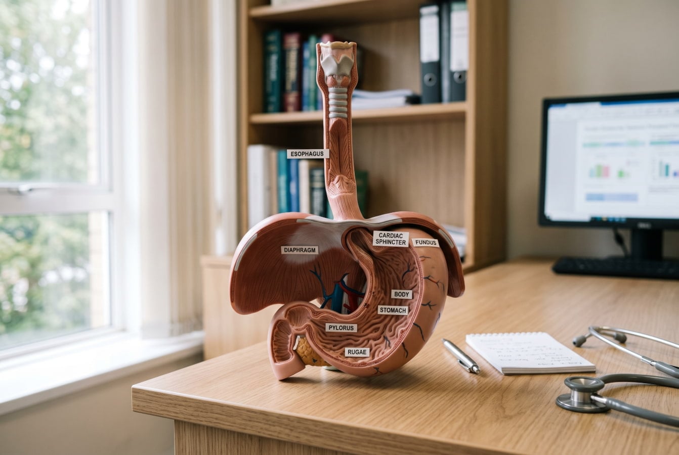 Anatomical model showing the lower esophageal sphincter valve that fails in acid reflux