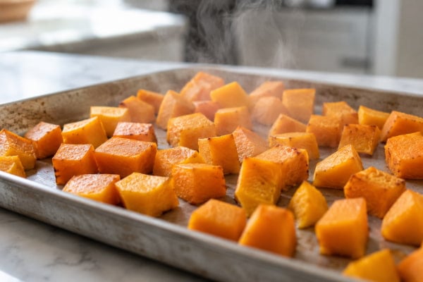 Plain roasted pumpkin cubes prepared without added fat, a low acid choice for reflux