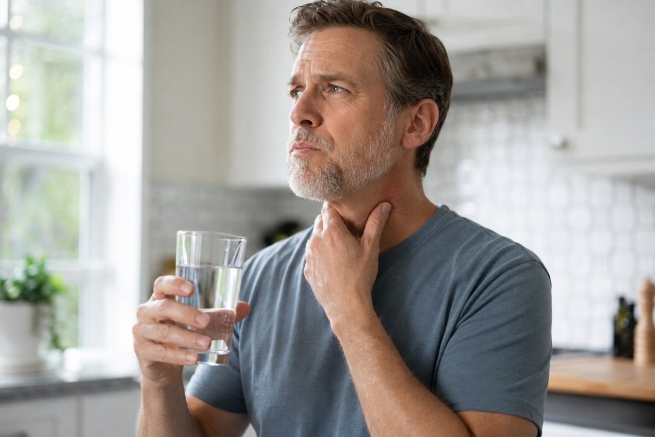 Man clearing his throat at home, a common postnasal drip and acid reflux symptom