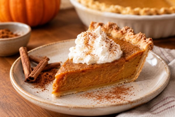 Pumpkin pie slice with cinnamon sticks, showing the dish behind common cinnamon heartburn claims