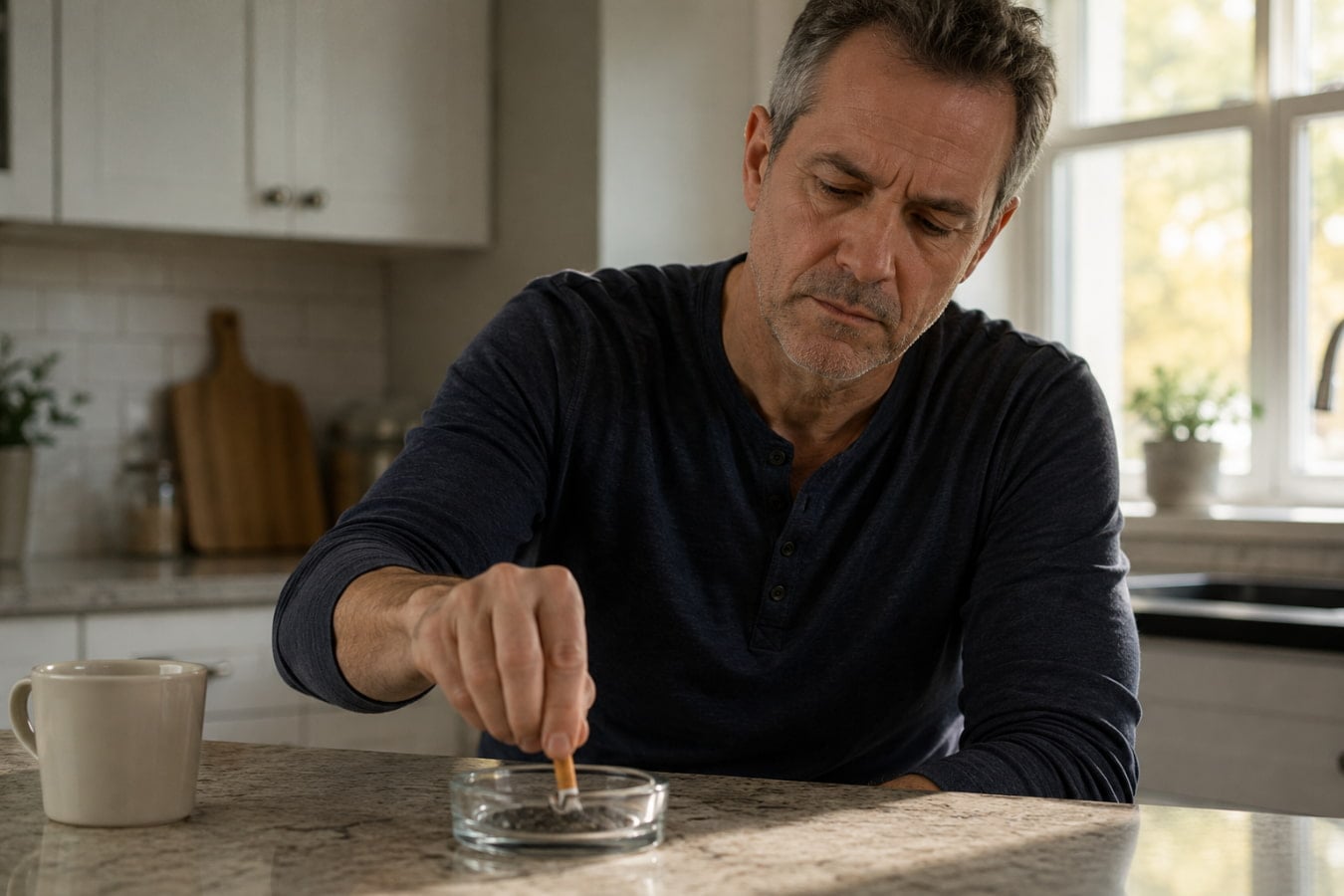 Man stubbing out cigarette, a common turning point before acid reflux after quitting smoking begins