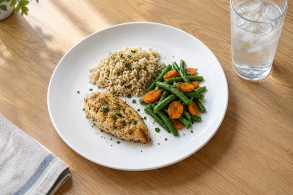 Small low-fat dinner plate with baked chicken, brown rice and green beans to prevent acid reflux