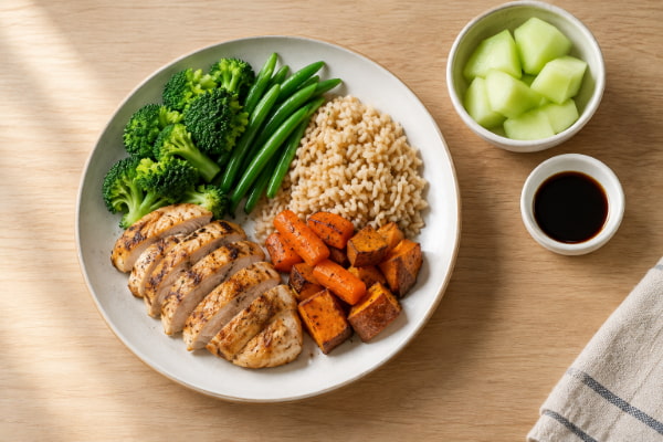 Grilled chicken, broccoli and brown rice plated as a lower-risk meal for acid reflux and heartburn