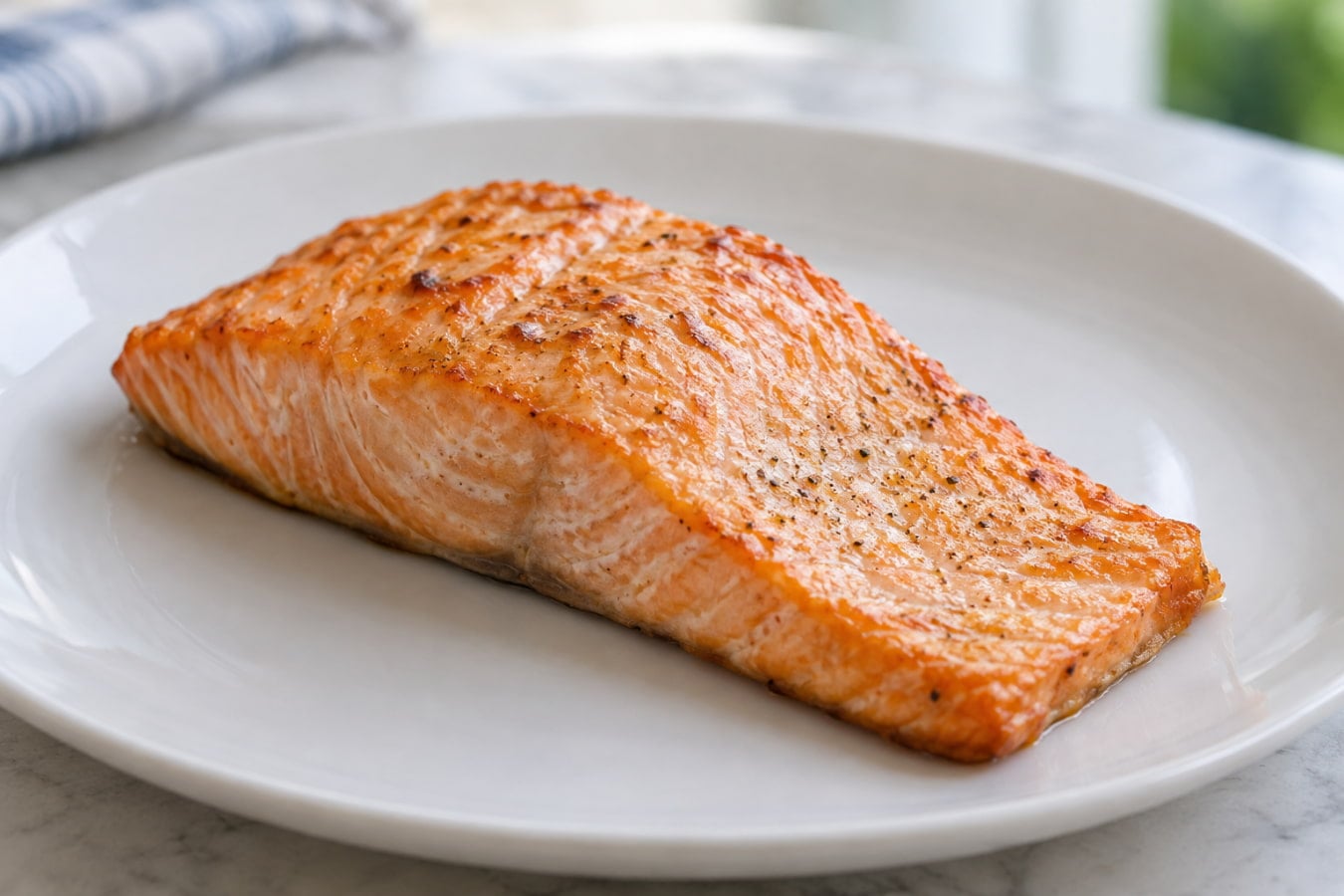 Cooked salmon fillet on a white plate, a low-acid protein choice for acid reflux