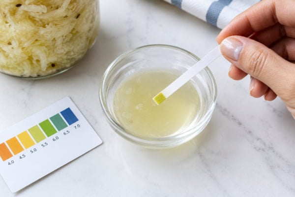 Testing sauerkraut acidity, showing why low pH can trigger acid reflux symptoms