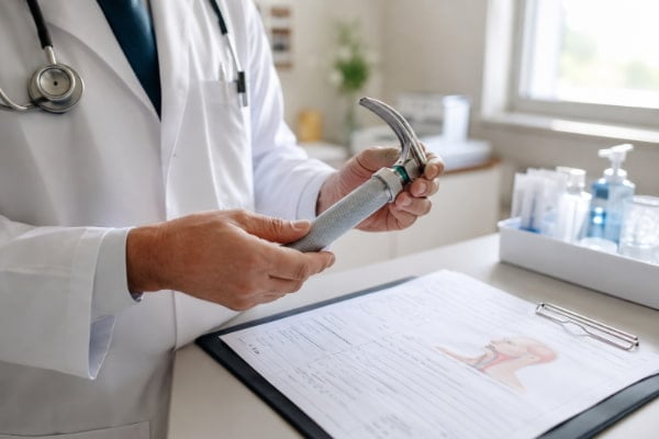 Physician preparing a throat exam to tell silent reflux from allergy-driven postnasal drip